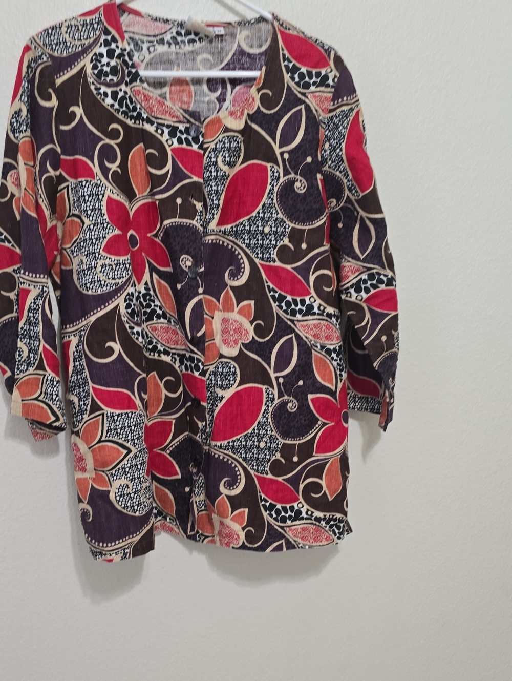 Hot Cotton Floral V-Neck Linen Tunic - Red, Brown, Orange M